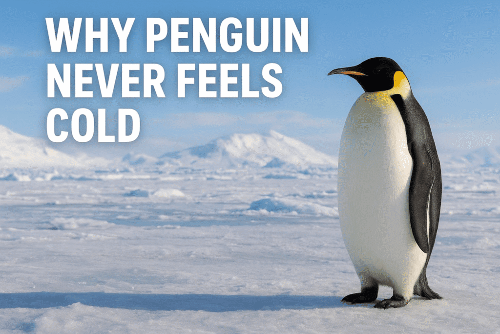 A penguin standing on Antarctic ice, showing how a penguin stays warm in freezing temperatures with feathers and blubber.
