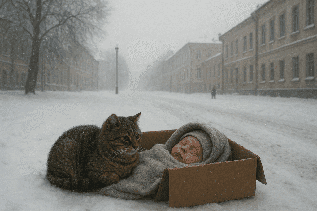 cat sit near the baby