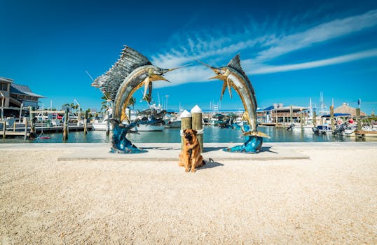 A dog sitting between marlin statues at a marina in Florida Keys, capturing a sunny day by the water.